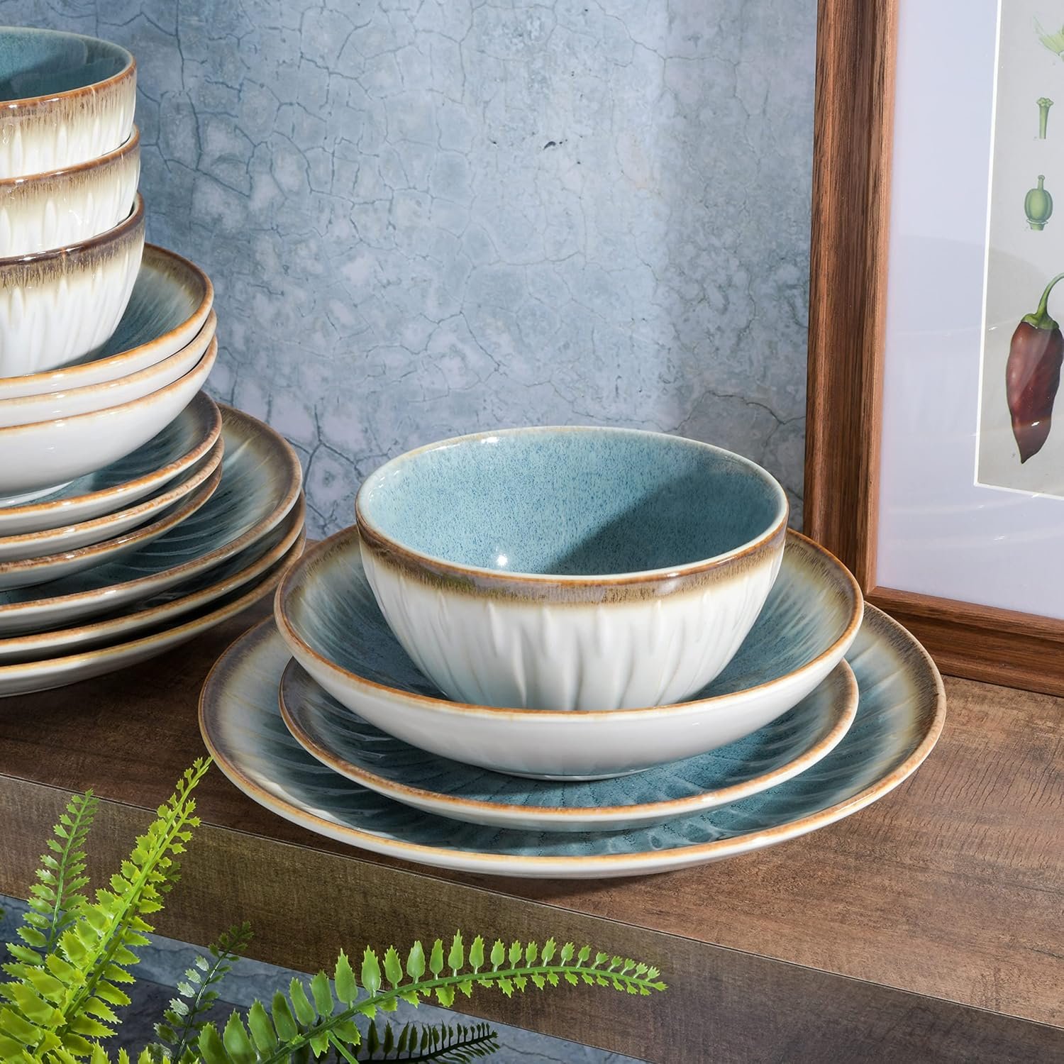 Embossed Reactive Glaze Dinnerware Set (Double Bowl Configuration)